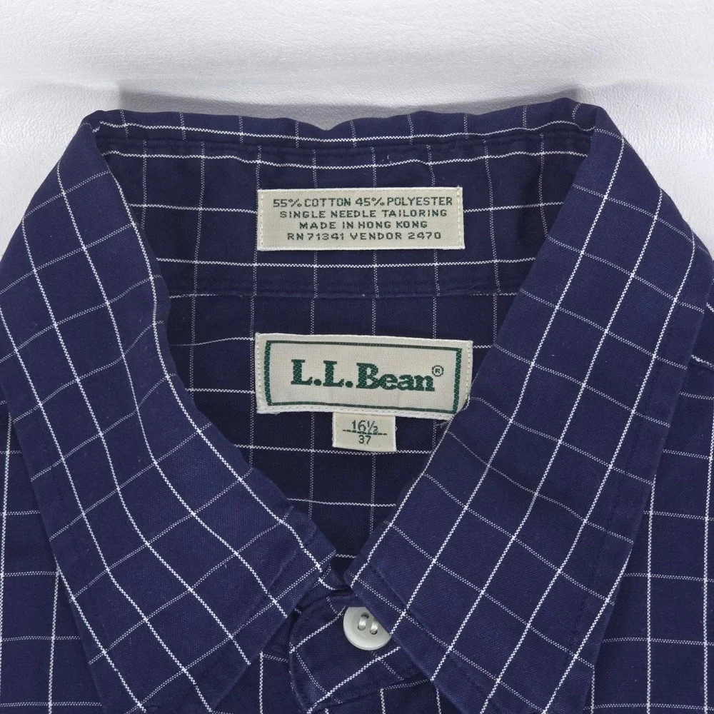 LL Bean Button Down Shirt Mens Large Navy Blue Check Long Sleeve Office Business - Picture 5 of 15